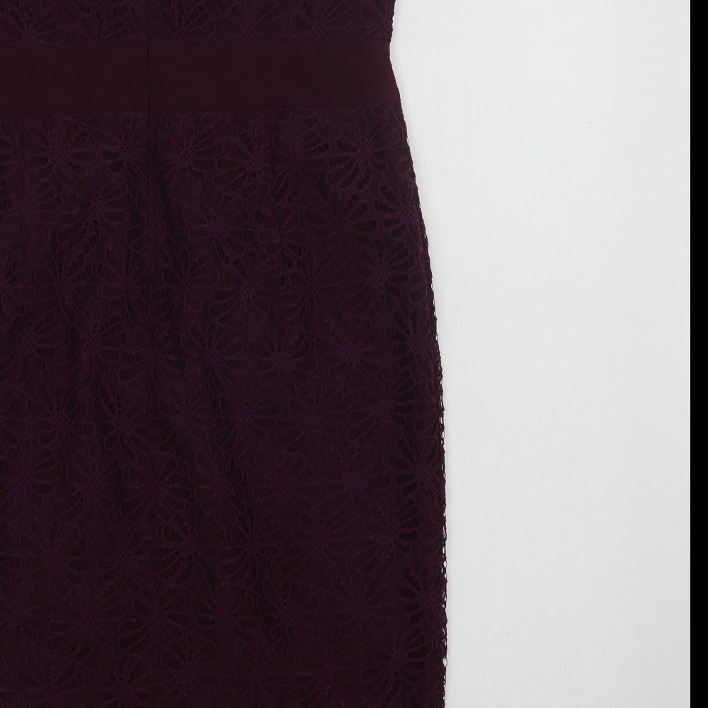 Fever London Womens Purple  Nylon Pencil Dress  Size 14  Off the Shoulder Zip - Lace Overlay