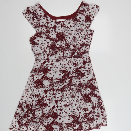 Snow Traffic Womens Red Floral Polyester Fit & Flare  Size M  Round Neck Zip