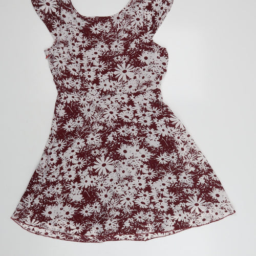Snow Traffic Womens Red Floral Polyester Fit & Flare  Size M  Round Neck Zip