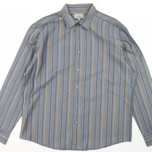 Marks and Spencer Mens Blue Striped Polyester  Button-Up Size L Collared Button