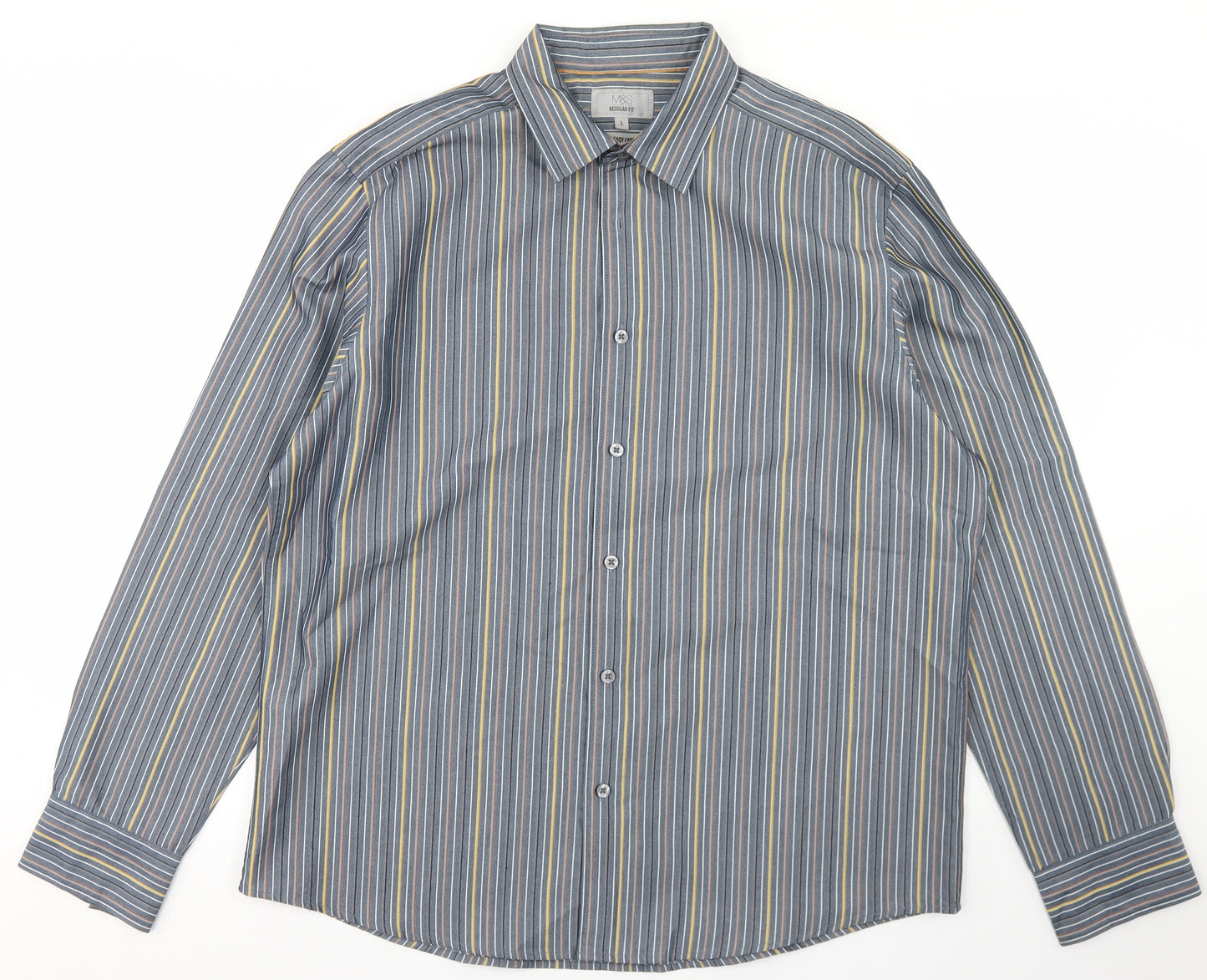 Marks and Spencer Mens Blue Striped Polyester  Button-Up Size L Collared Button