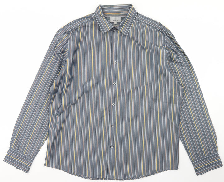 Marks and Spencer Mens Blue Striped Polyester  Button-Up Size L Collared Button