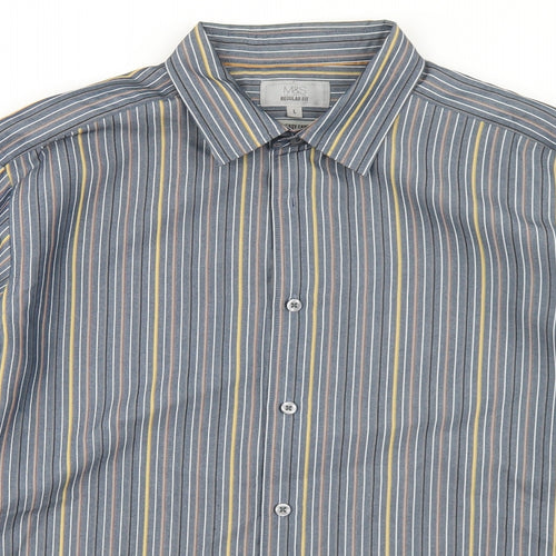 Marks and Spencer Mens Blue Striped Polyester  Button-Up Size L Collared Button
