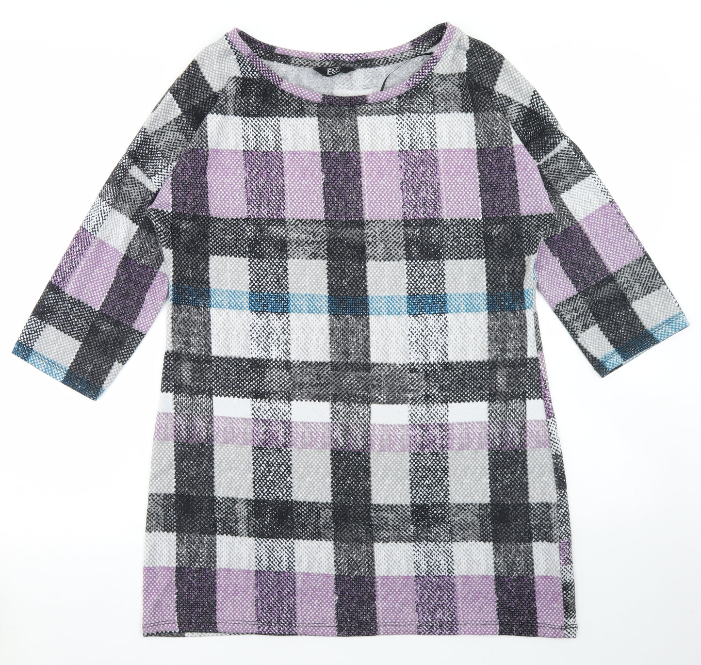 F&F Womens Multicoloured Plaid Polyester Tunic T-Shirt Size 12 Round Neck