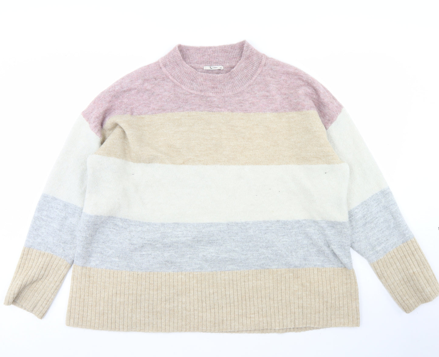 TU Womens Beige Mock Neck Striped Acrylic Pullover Jumper Size 24