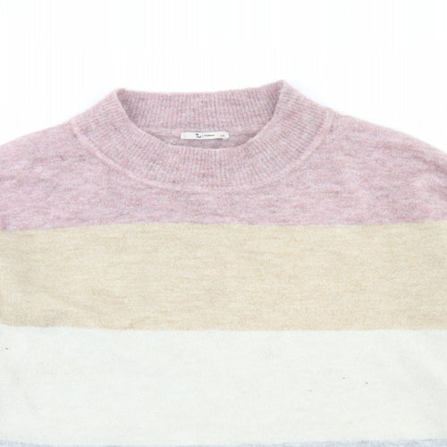 TU Womens Beige Mock Neck Striped Acrylic Pullover Jumper Size 24