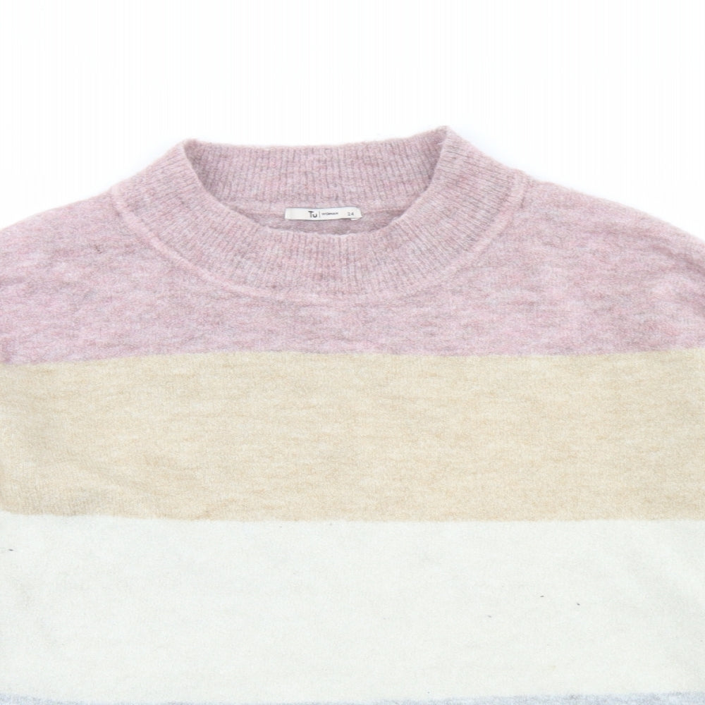 TU Womens Beige Mock Neck Striped Acrylic Pullover Jumper Size 24