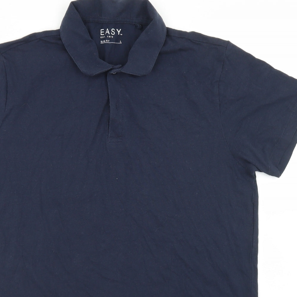 Easy Mens Blue  Cotton  Polo Size L Collared Button