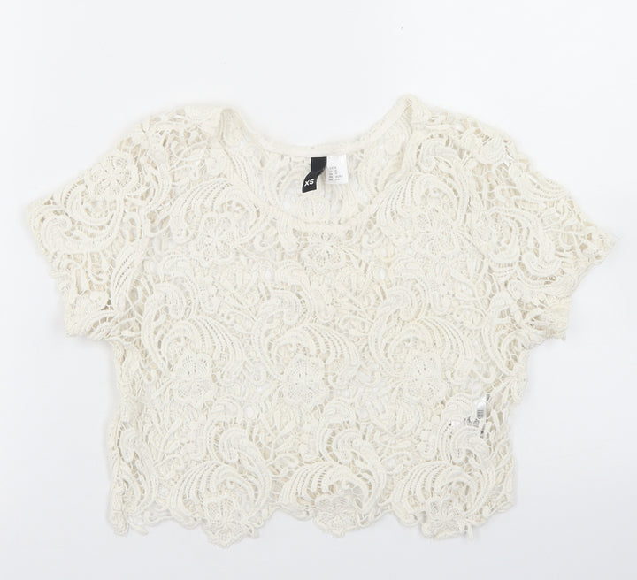Divided Womens Ivory Cotton Cropped Blouse Size XS Round Neck