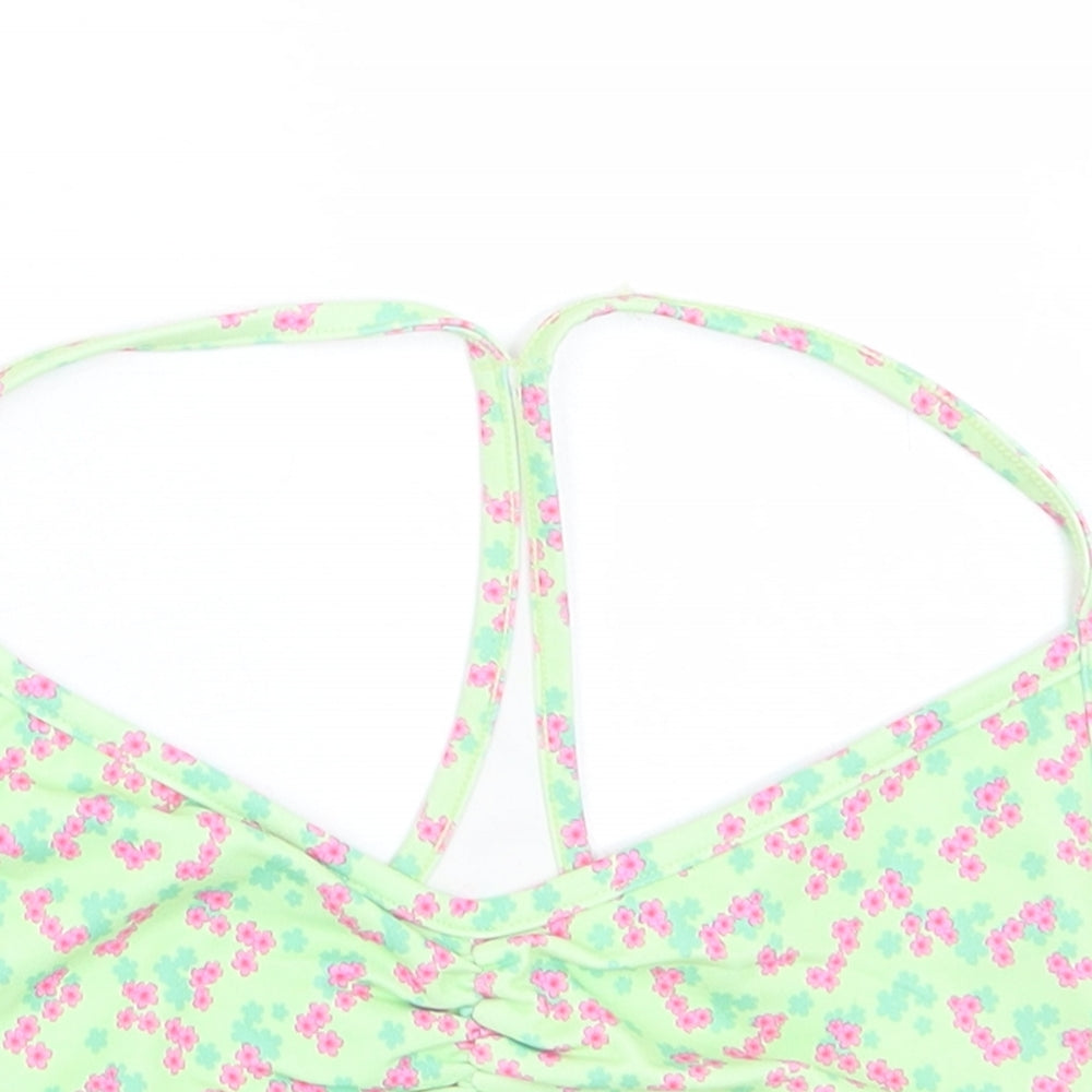 Bo+Tee Womens Green Floral Polyester Cropped Tank Size S Round Neck