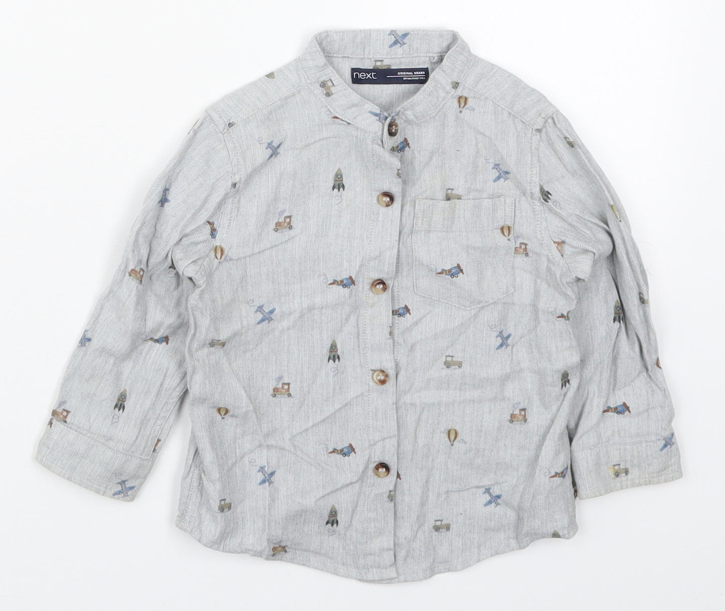 NEXT Boys Grey  Cotton Basic Button-Up Size 12-18 Months Round Neck Button - Rockets Trains Cars Planes