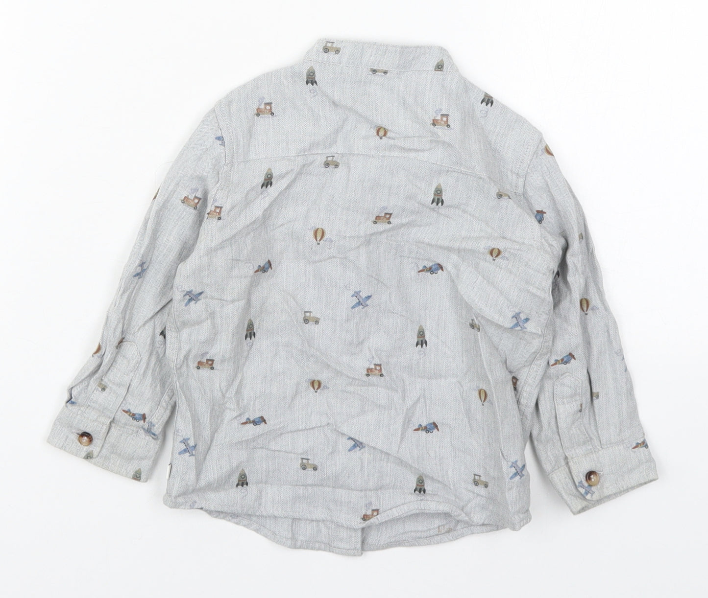 NEXT Boys Grey  Cotton Basic Button-Up Size 12-18 Months Round Neck Button - Rockets Trains Cars Planes