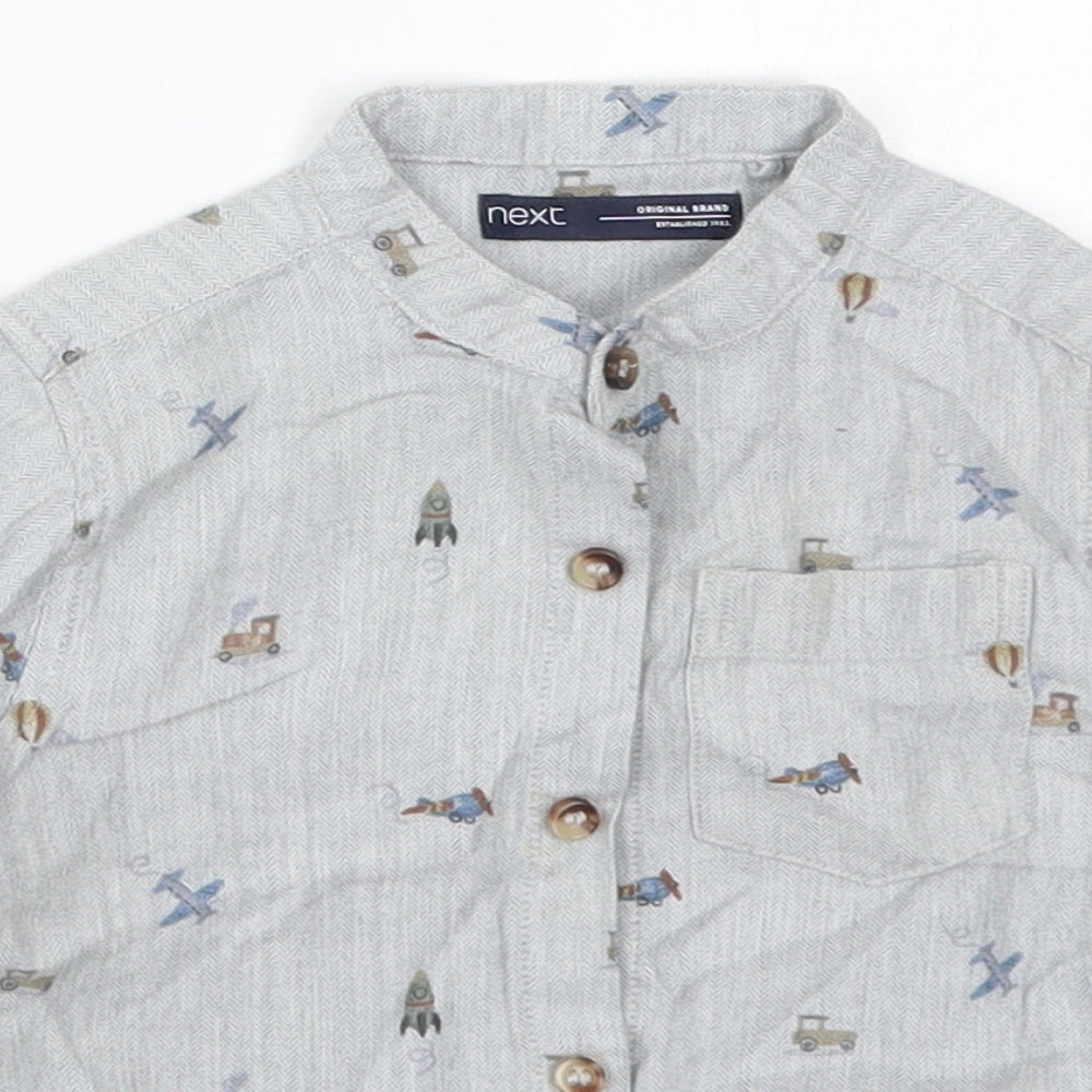 NEXT Boys Grey  Cotton Basic Button-Up Size 12-18 Months Round Neck Button - Rockets Trains Cars Planes