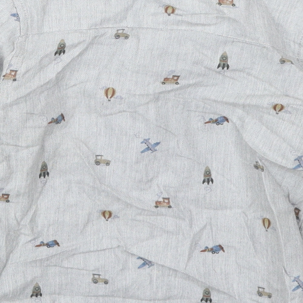NEXT Boys Grey  Cotton Basic Button-Up Size 12-18 Months Round Neck Button - Rockets Trains Cars Planes