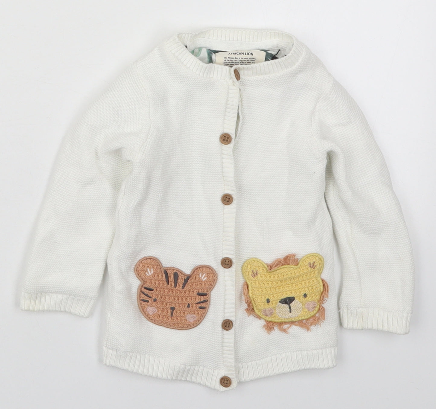 F&F Baby White  Cotton Cardigan Jumper Size 12-18 Months  Button - Lions and Tiges