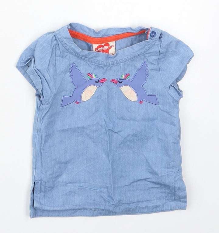 Tootsa Girls Blue  Cotton Basic T-Shirt Size 0-3 Months Crew Neck Pullover - Birds