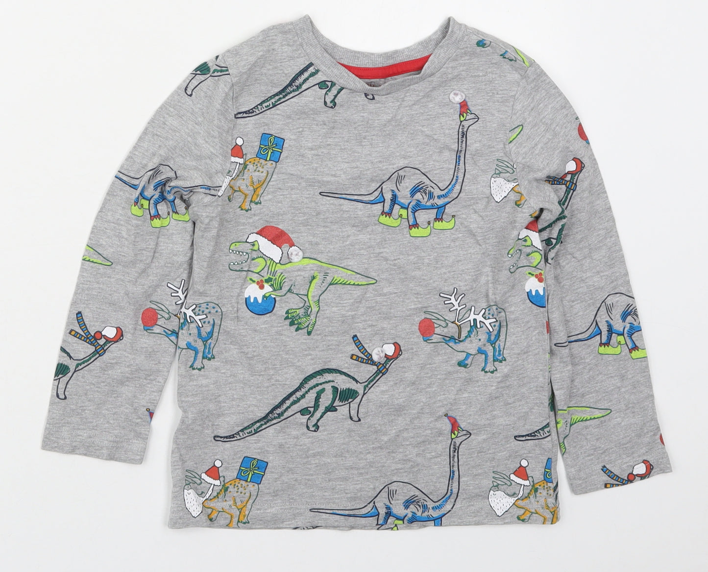 F&F Boys Grey Solid Cotton  Pyjama Top Size 5-6 Years  Pullover - Christmas Dinosaurs