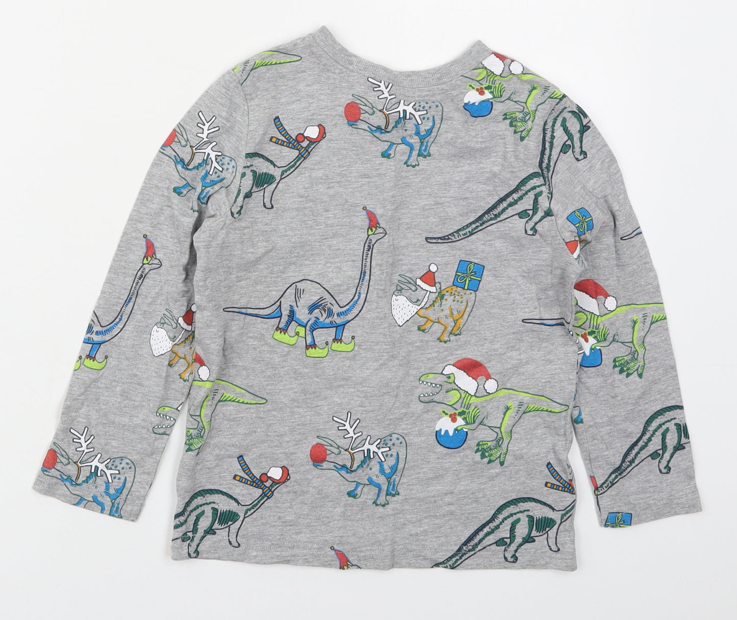 F&F Boys Grey Solid Cotton  Pyjama Top Size 5-6 Years  Pullover - Christmas Dinosaurs