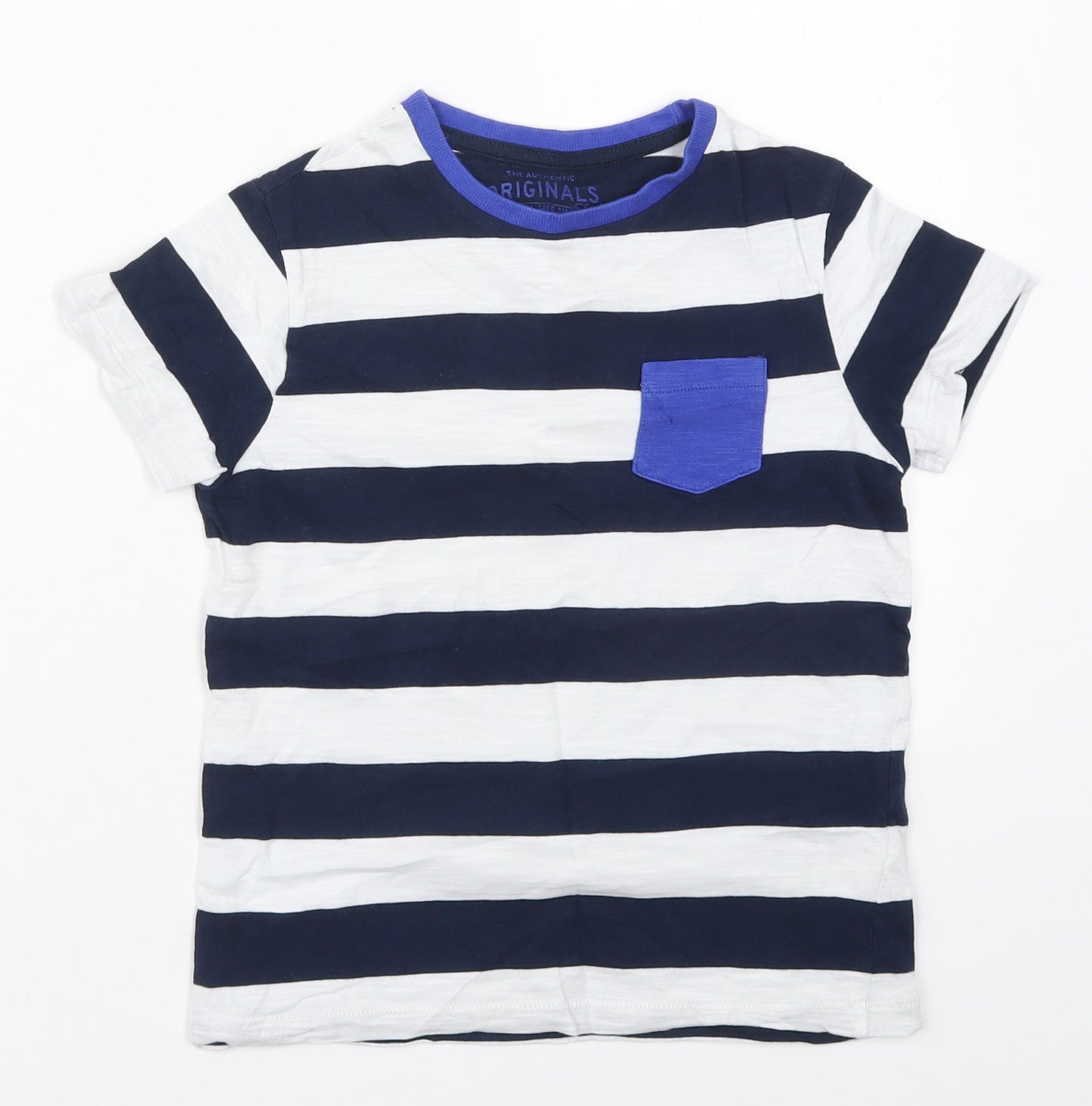 Marks and Spencer Boys Blue Striped Cotton Basic T-Shirt Size 6-7 Years Crew Neck Pullover