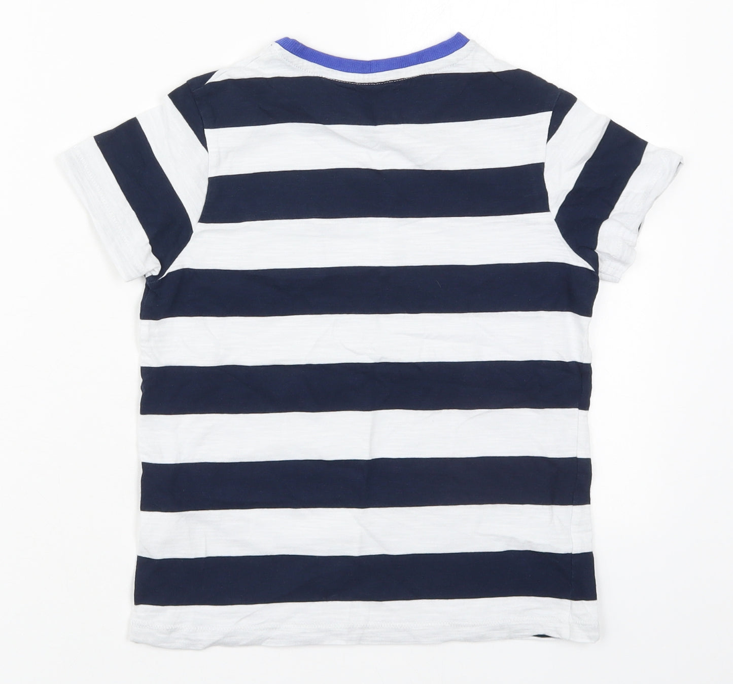 Marks and Spencer Boys Blue Striped Cotton Basic T-Shirt Size 6-7 Years Crew Neck Pullover