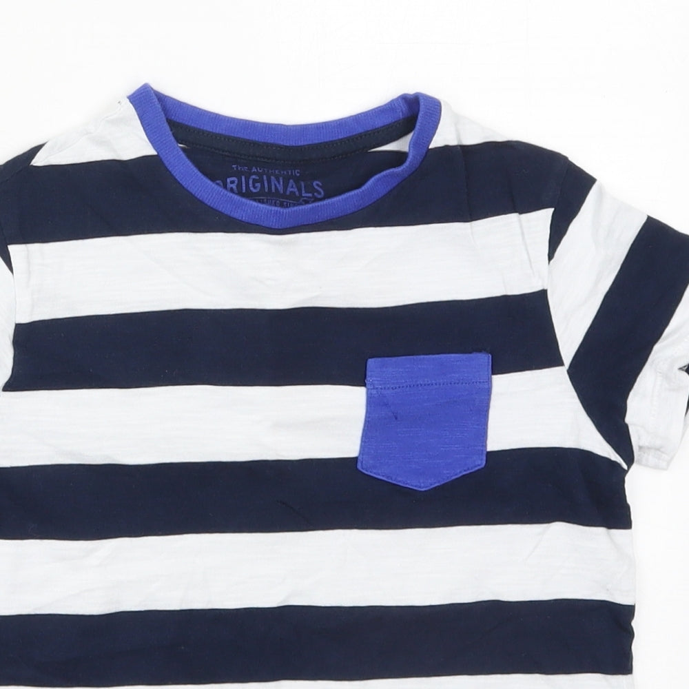 Marks and Spencer Boys Blue Striped Cotton Basic T-Shirt Size 6-7 Years Crew Neck Pullover