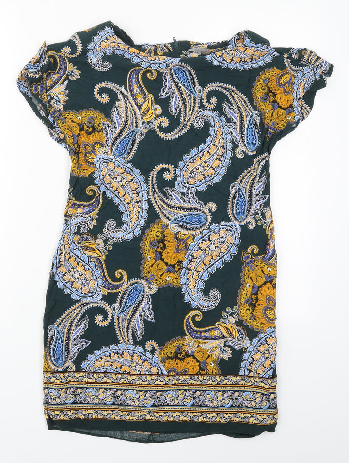 Dorothy Perkins Womens Green Paisley Viscose Mini Size 8 Round Neck Zip