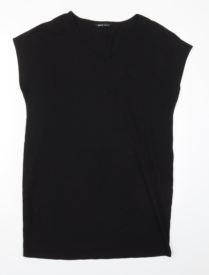 SheIn Womens Black Cotton T-Shirt Dress Size S V-Neck Pullover