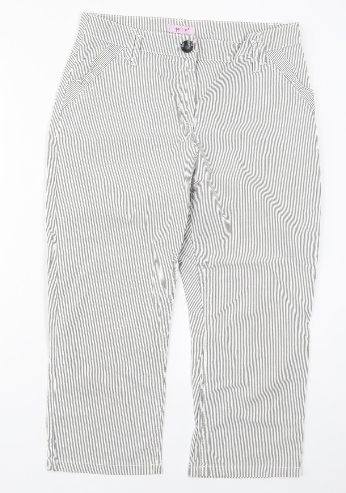 Per Una Womens Grey Striped Cotton Cropped Trousers Size 12 L21 in Regular Button