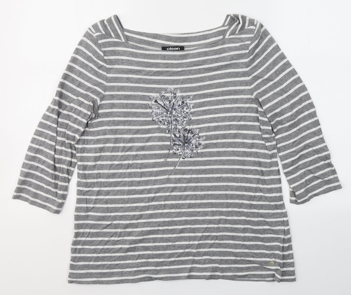 Olsen Womens Grey Round Neck Striped Polyester Pullover Jumper Size 12   - Dandelion
