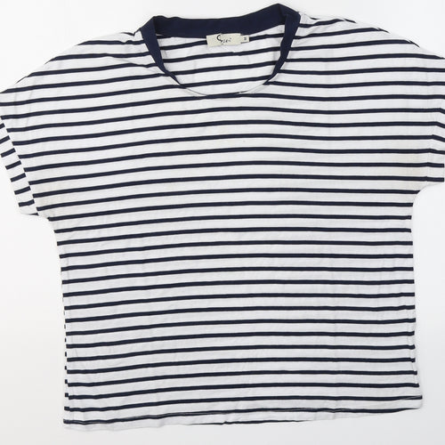Oxxyzen Womens White Striped Polyester Basic T-Shirt Size M Round Neck