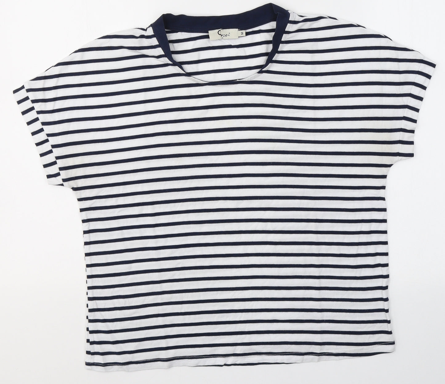 Oxxyzen Womens White Striped Polyester Basic T-Shirt Size M Round Neck