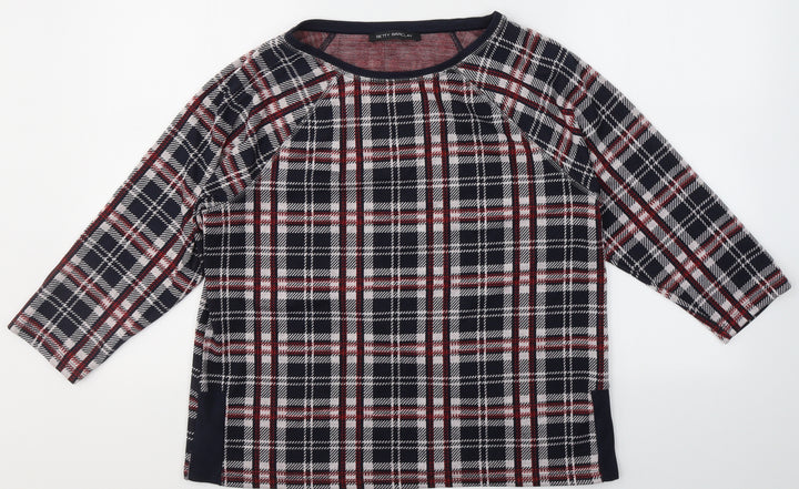 Betty Barclay Womens Blue Plaid Cotton Basic Blouse Size 12 Round Neck