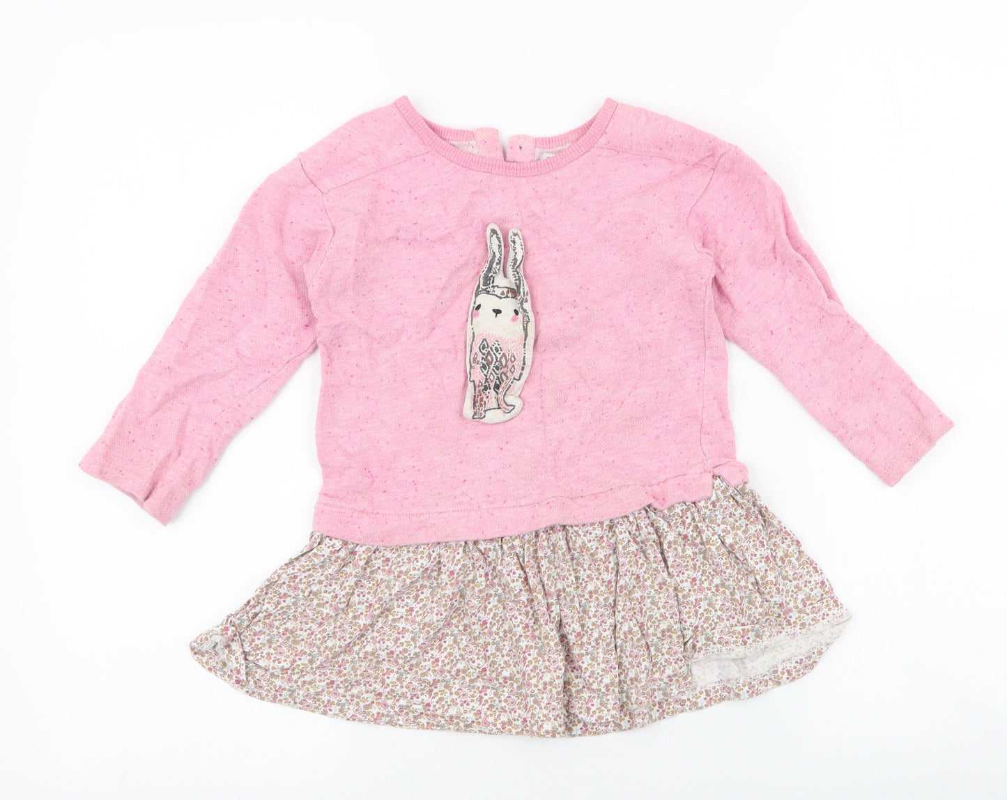 NEXT Girls Pink Round Neck Floral Cotton Pullover Jumper Size 3-4 Years  Button - peplum , rabbit