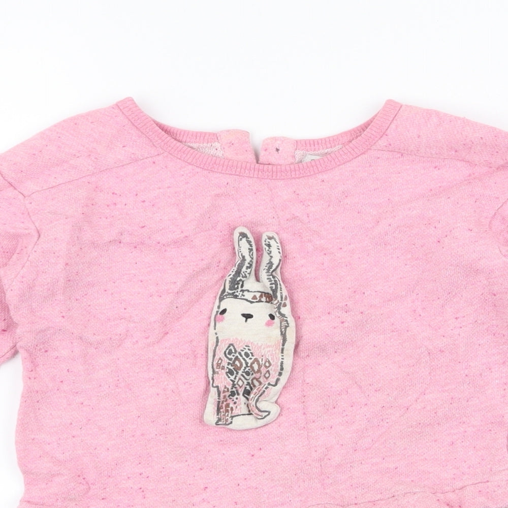 NEXT Girls Pink Round Neck Floral Cotton Pullover Jumper Size 3-4 Years  Button - peplum , rabbit