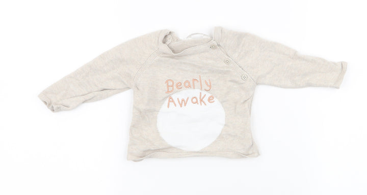 M&Co Baby Beige  100% Cotton Pullover Jumper Size 0-3 Months  Button - bearly awake