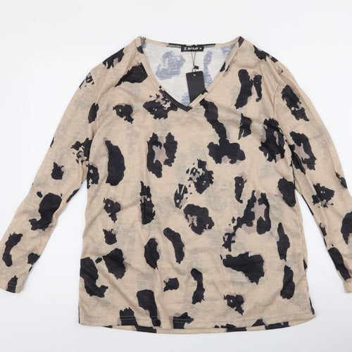 Sheilay Womens Brown Round Neck Animal Print Polyester Pullover Jumper Size L