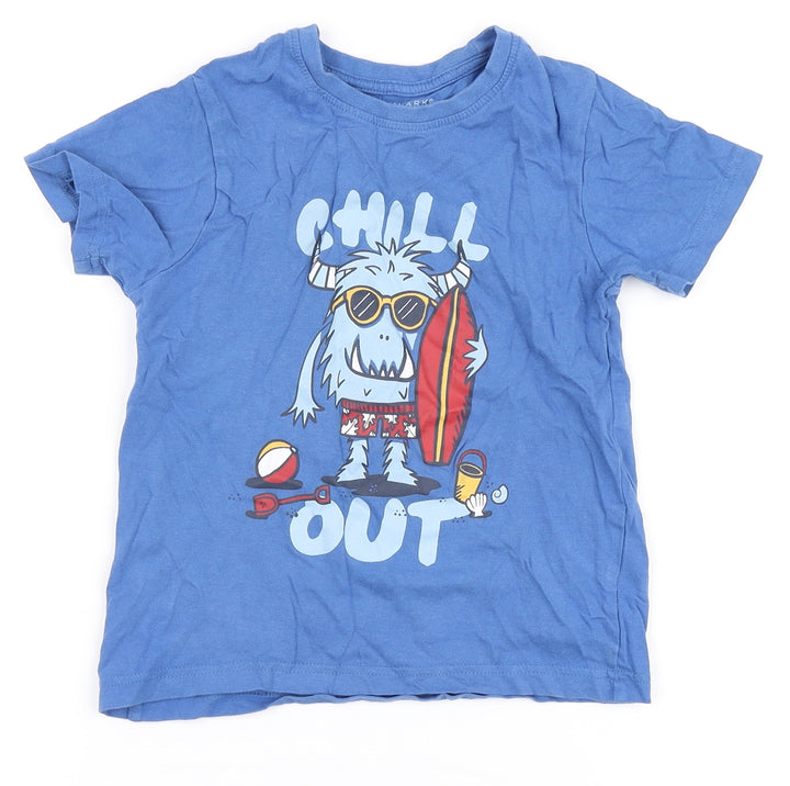 Primark Boys Blue  100% Cotton Basic T-Shirt Size 5-6 Years Round Neck  - Yeti, Chill Out