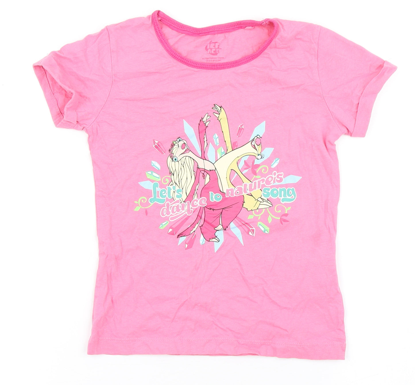 Ice Age Girls Pink  100% Cotton Basic T-Shirt Size 2-3 Years Round Neck  - Sloth