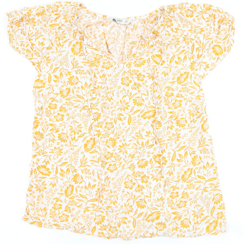 F&F Womens White Floral Viscose Basic Blouse Size 14 V-Neck