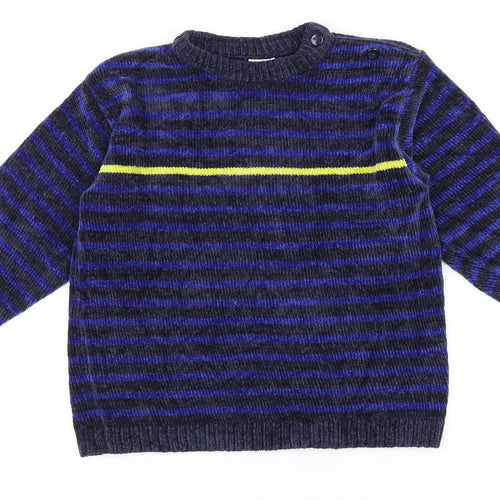 Tesco Boys Blue Round Neck Striped Acrylic Pullover Jumper Size 3-4 Years   - Chenille