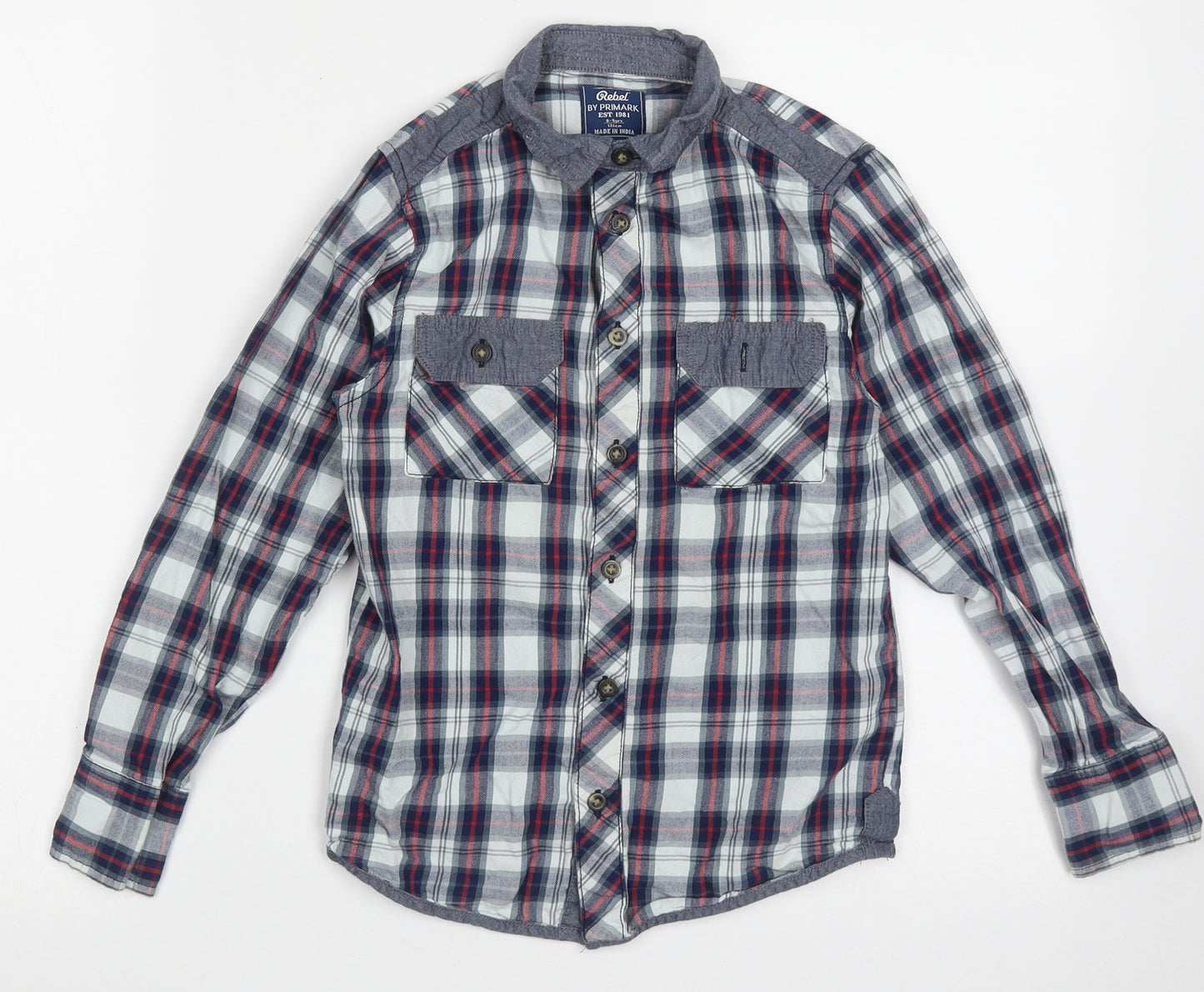 Primark Boys Blue Check Cotton Basic Button-Up Size 8-9 Years Collared Button