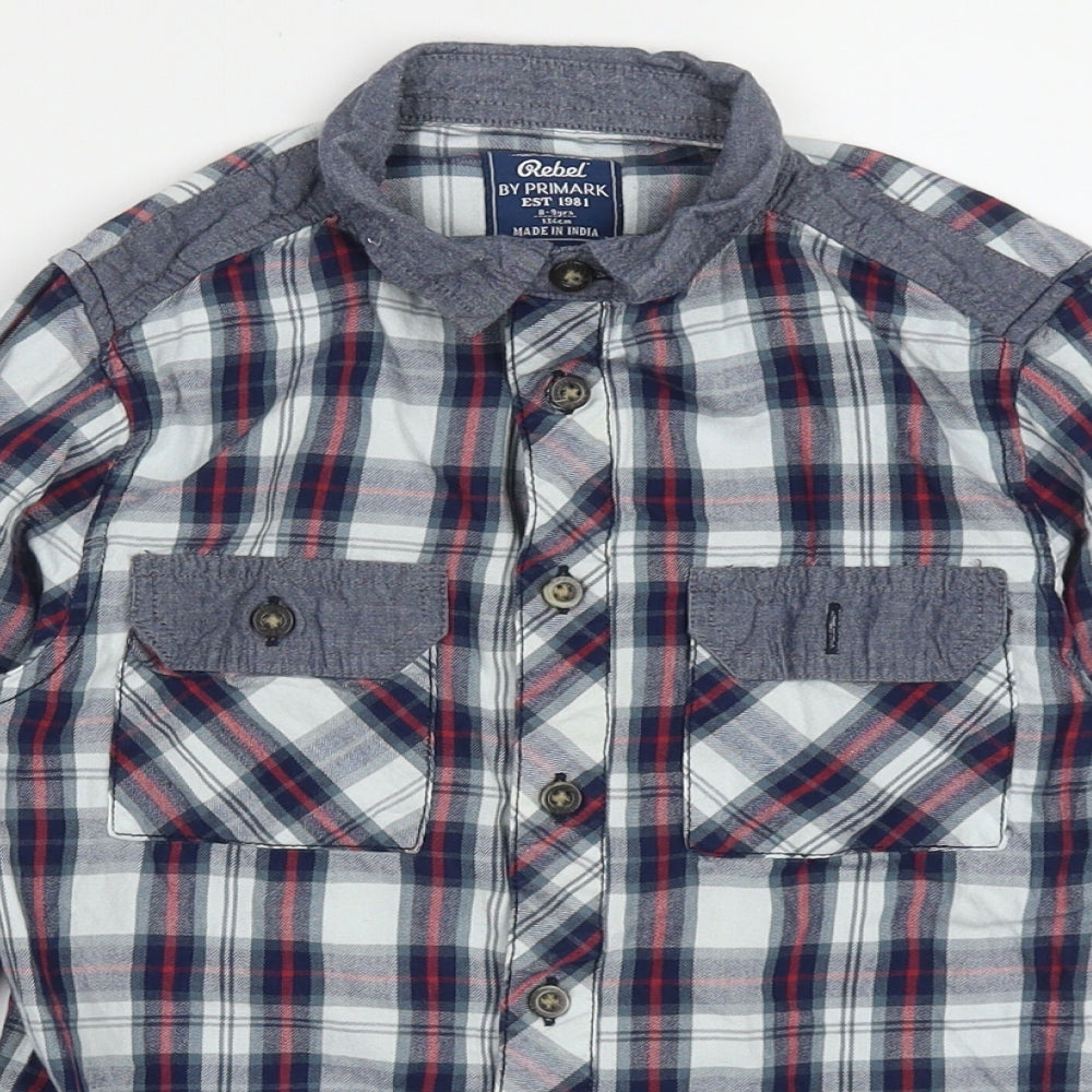 Primark Boys Blue Check Cotton Basic Button-Up Size 8-9 Years Collared Button