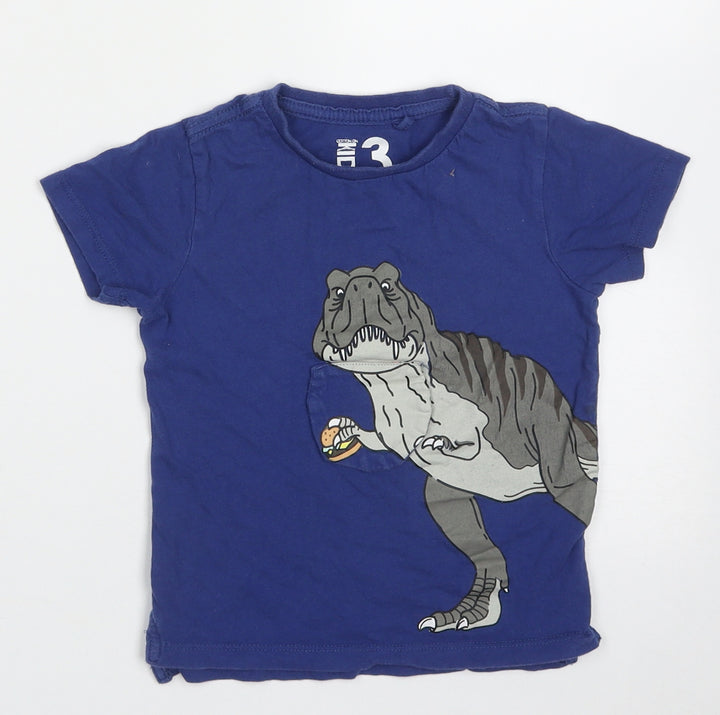 Cotton On Boys Blue Cotton Basic T-Shirt Size 3 Years Crew Neck Pullover - Dinosaur