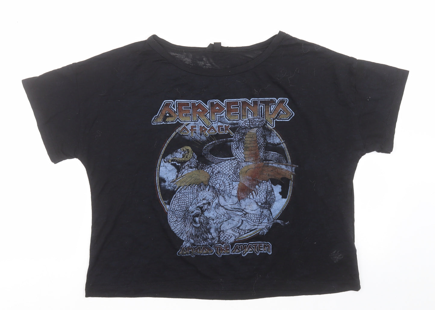 Topshop Womens Black  Polyester Cropped T-Shirt Size 10 Crew Neck