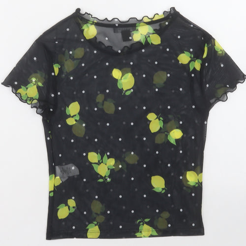 Primark Womens Black Geometric Polyester Cropped T-Shirt Size 4 Crew Neck - Lemon print