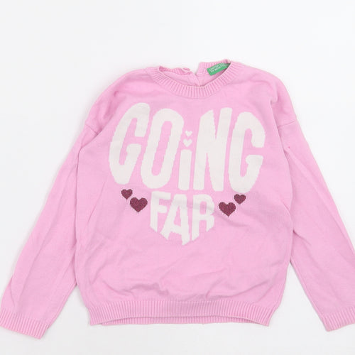 United Colors of Benetton Girls Pink Crew Neck  Cotton Pullover Jumper Size 2-3 Years  Button - going far