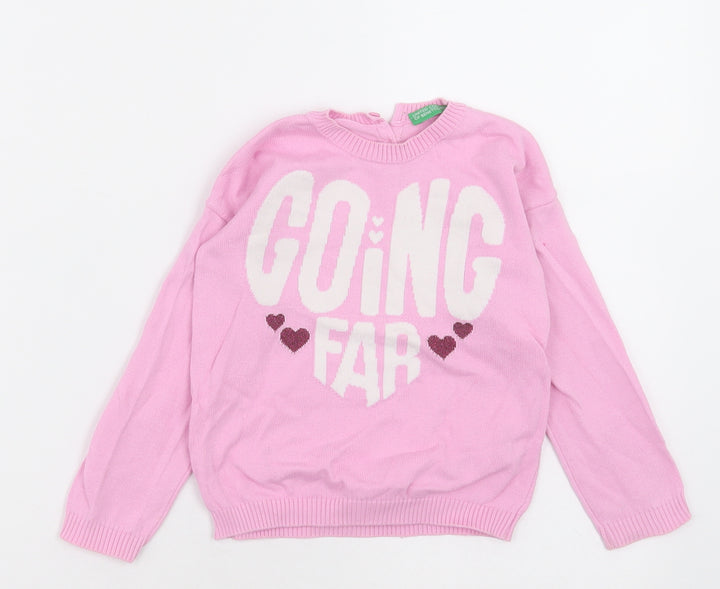 United Colors of Benetton Girls Pink Crew Neck Cotton Pullover Jumper Size 2-3 Years Button - going far