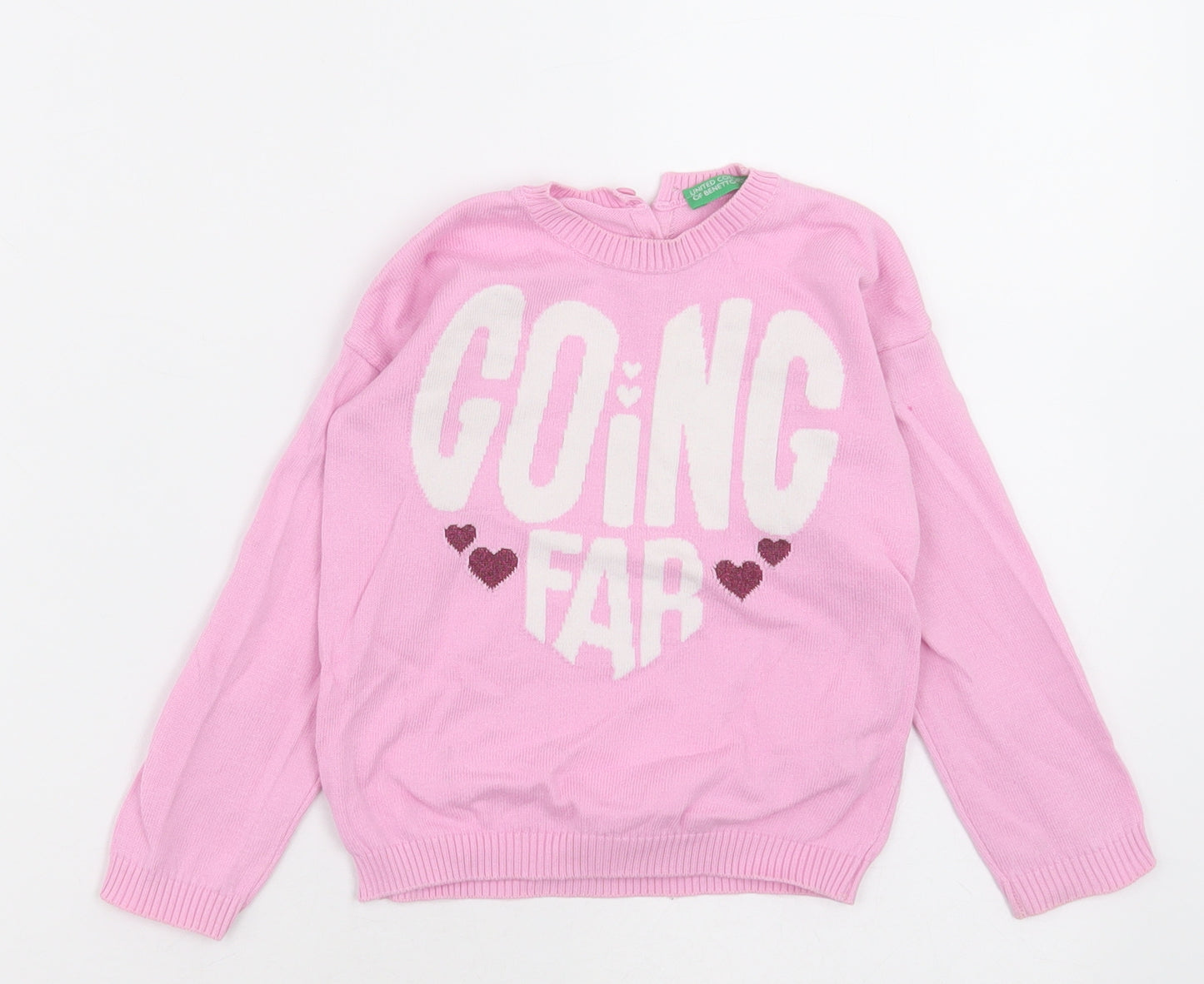 United Colors of Benetton Girls Pink Crew Neck  Cotton Pullover Jumper Size 2-3 Years  Button - going far