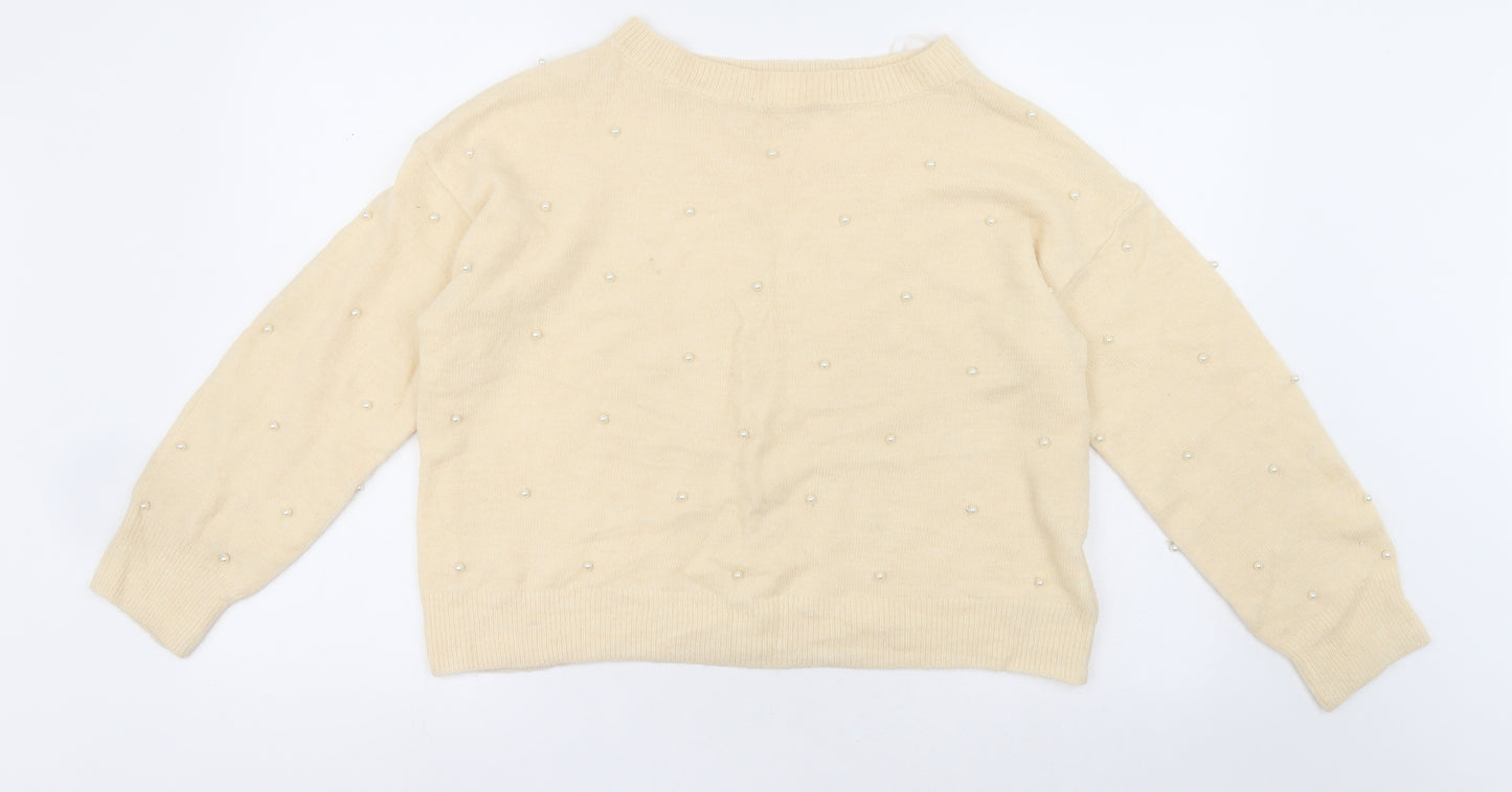 h7m Womens Ivory Crew Neck  Acrylic Pullover Jumper Size S   - Beads