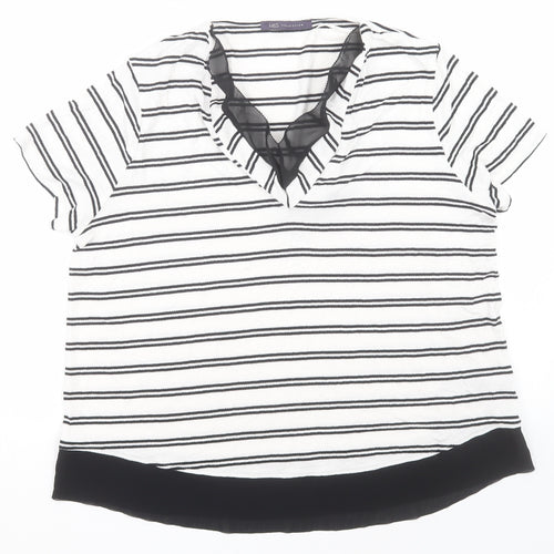 Marks and Spencer Womens White Striped Viscose Basic T-Shirt Size 14 V-Neck